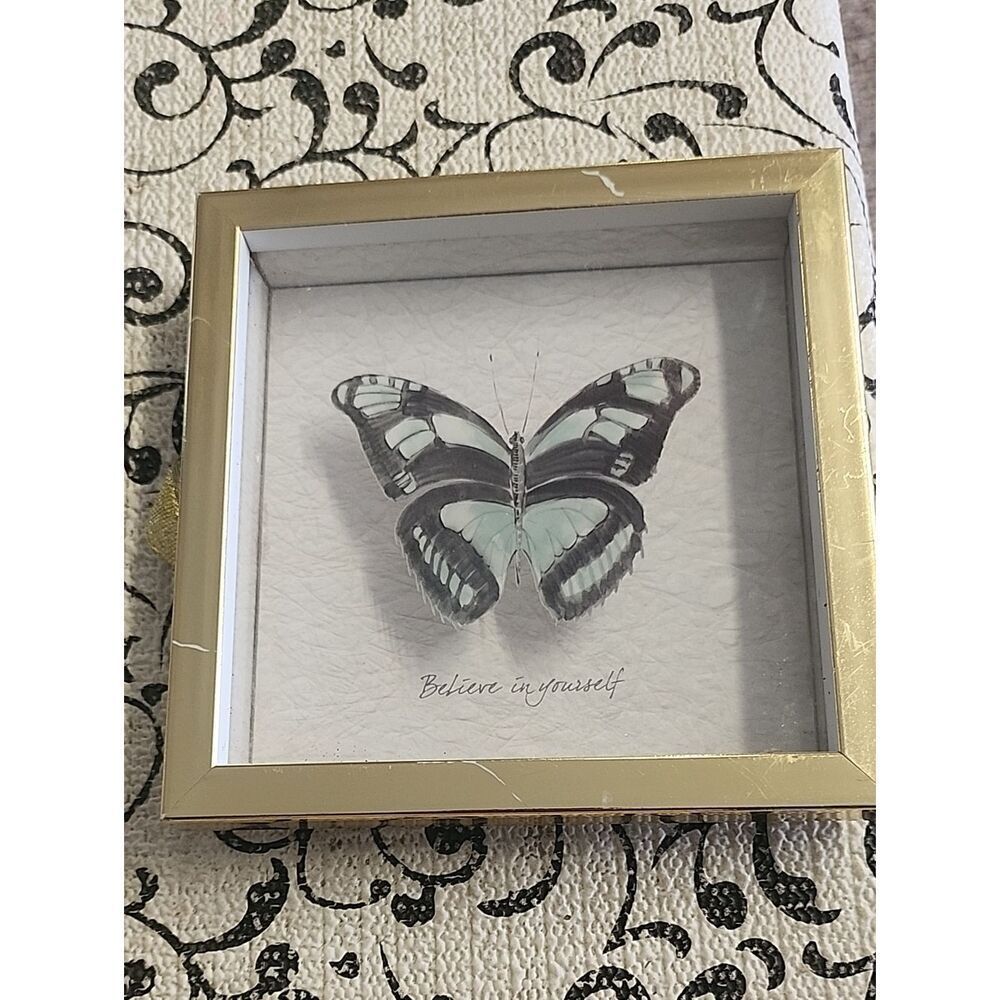 Framed Butterfly Wall Art - Believe in Yourself - Gold Frame, Mint Butterfly
